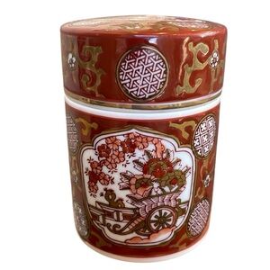 Vintage Gold Imari Hand Painted Spice Tea Jar w Lid Red Floral Marked 4.25”